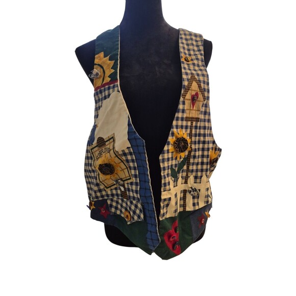 Handmade Jackets & Blazers - VTG Handmade Vest Sunflower Blue Spring Tie Back Cottagecore Checkered